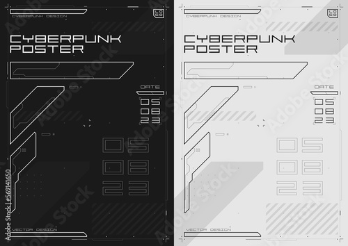 Cyberpunk futuristic poster set. Modern cyberpunk design for web and print template. Tech flyer with HUD elements. Abstract futuristic digital technology black and white design, inversion. Vector