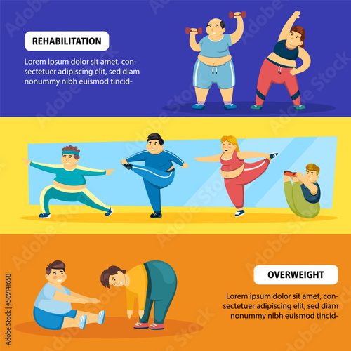 fat sport people. big weight male and female people making sport exercises. Vector horizontal banners with place for text