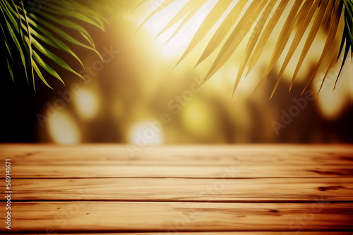 Rustic empty wooden table and blured palms and sunset for product and merchandise display. Generative Ai image illustration. 