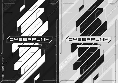 Obraz na płótnie Cyberpunk futuristic poster set. Modern cyberpunk design for web and print template. Tech style flyer with HUD elements. Abstract futuristic technology black and white design, inversion. Vector w salonie
