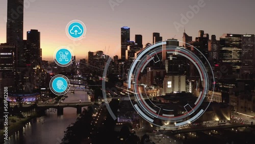 Big City. E-Commerce fintech Visualisation of Information Lines Flying from Tablet into Global Digital Network. Top Down Zoom out Aerial Drone Shot