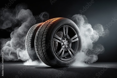 Car tires with a great profile on illuminates asphalt, smoke 1. Generative AI.