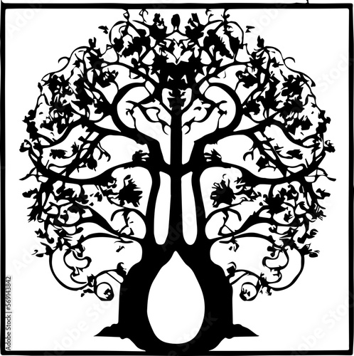 An abstract transparent outline of an art nouveau style tree design element. Vectorized from an ai generation.