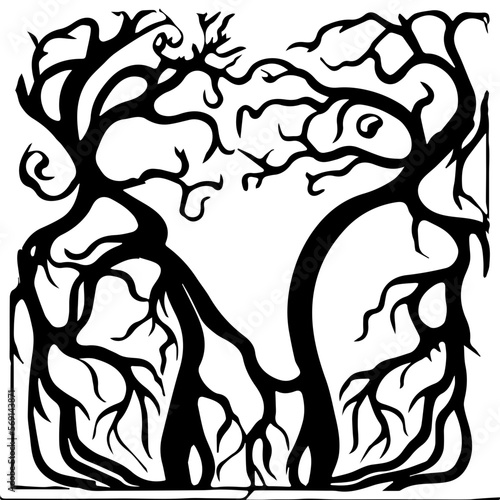 An abstract transparent outline of an art nouveau style tree design element. Vectorized from an ai generation.