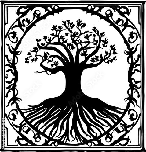 An abstract transparent outline of an art nouveau style tree design element. Vectorized from an ai generation.