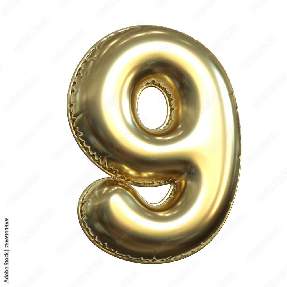 Gold metallic balloon font 3d rendering, number 9 Gold metallic balloon font 3d rendering, number 9