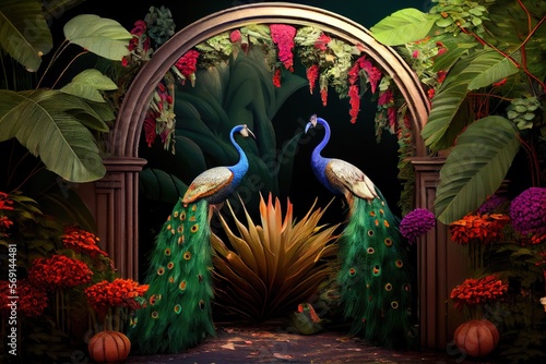Tropical rainforest with peacock with leaves  flowers and arch in the background  Photograph  Professional Photography  high quality. Generative AI.