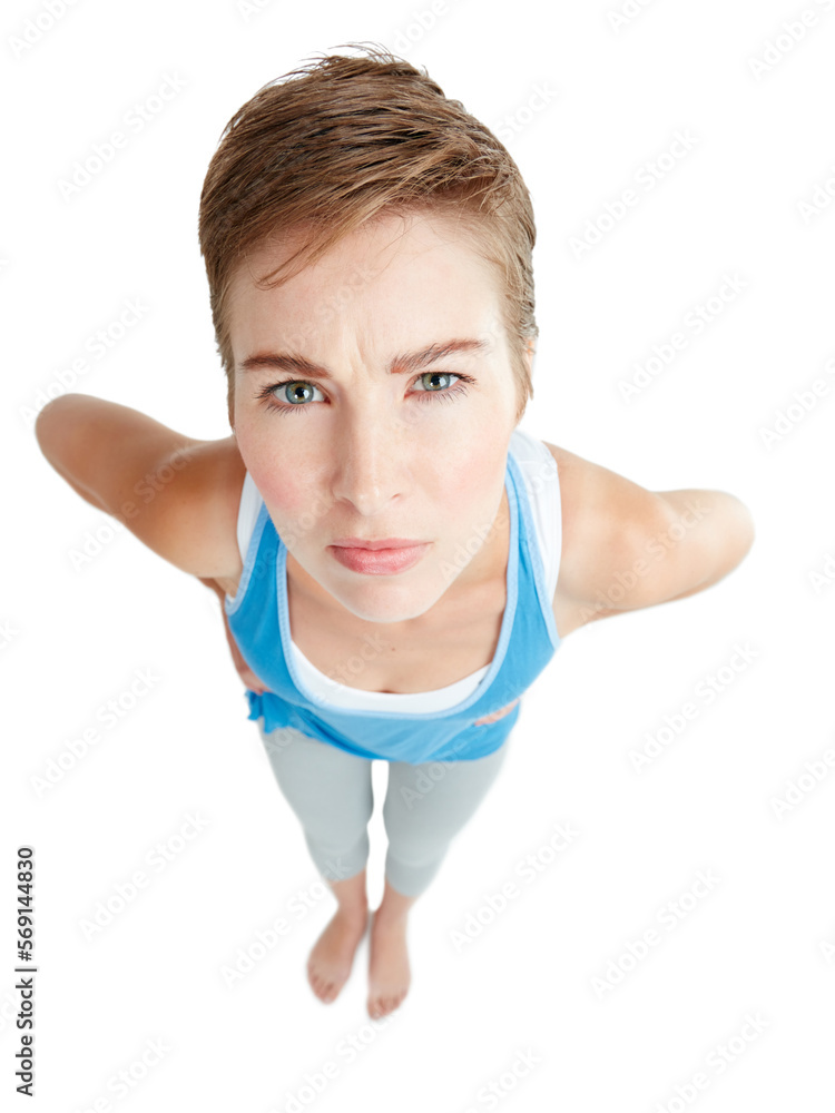 Top view, angry and portrait of confused woman on white background with attitude, hands on hip and anger. Body language, mockup space and face of upset, annoyed and frustrated girl isolated in studio Top view, angry and portrait of confused woman on white background with attitude, hands on hip and anger. Body language, mockup space and face of upset, annoyed and frustrated girl isolated in studio