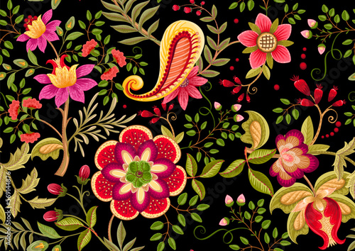 Fantasy flowers in retro, vintage, jacobean embroidery style. Seamless pattern, background. Vector illustration.