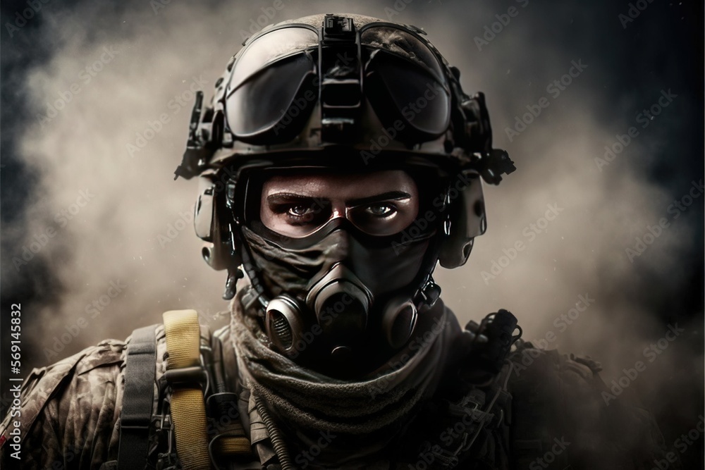 Illustration of a soldier in a gas mask, smoke, gas, 8k, man, high quality,  camouflage, full equipment, technology development, risk, skirmish, bloody  battles, endurance, danger, courage, pain.AI Stock Illustration | Adobe  Stock