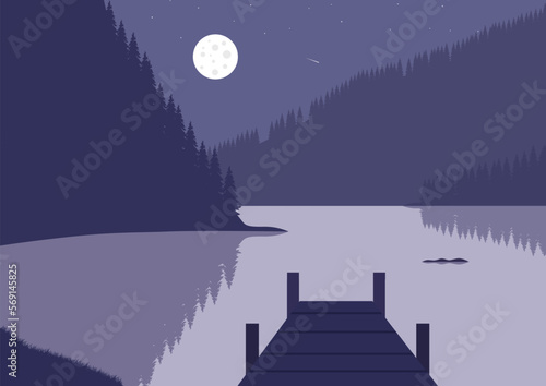 Night landscape with a pier and a lake. Vector illustration in flat style.