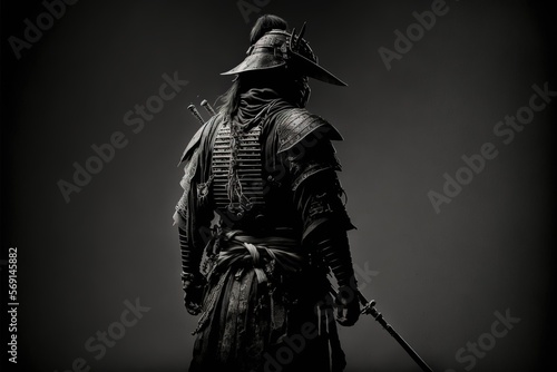 Fotografiet dark samurai, high resolution, dark background, armor, 8k, poster, game, character, bushido, hero, last, japan, isolated, katana, military, dark background, silhouette, texture, medieval, spirit