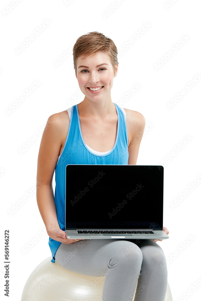 Blank laptop, fitness and woman isolated on a white background on a balance ball and pc screen mockup. Smile of person portrait with computer mock up space and advertising or product placement studio