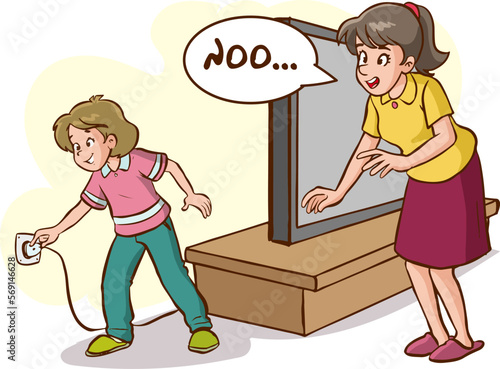 girl pull out the plug television cartoon vector