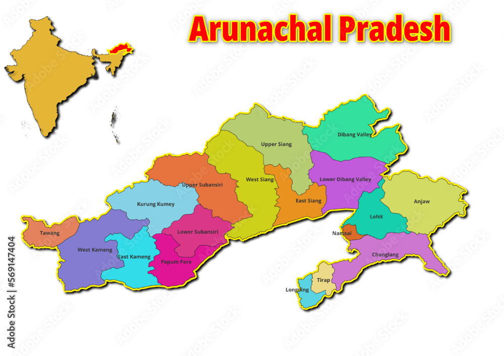 Map of Arunachal Pradesh State district with names of regions. Vector illustration of geographical map of Arunachal Pradesh State depicted on the map of India. 