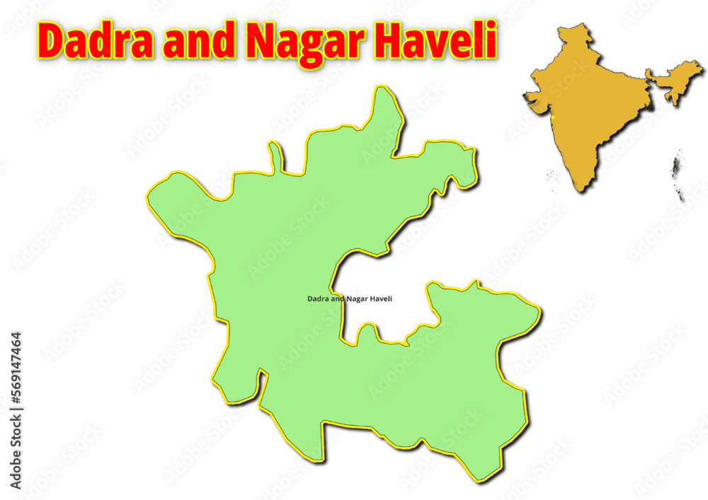 Map of Dadra and Nagar Haveli Union Territor with names of regions. Vector illustration of geographical map of Dadra and Nagar Haveli Union Territor depicted on the map of India. 