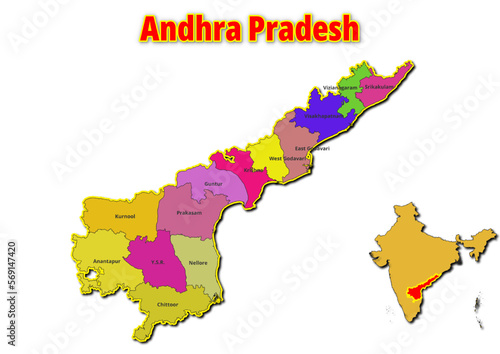 Map of Andhra Pradesh State with names of regions. Vector illustration of geographical map of Andhra Pradesh State depicted on the map of India.  photo
