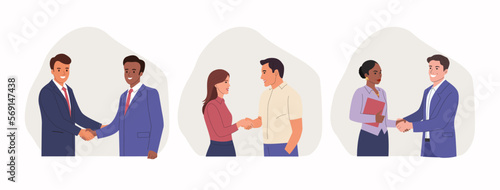 Men and women shake hands. Male handshake of business partners. Vector cartoon flat style illustration
