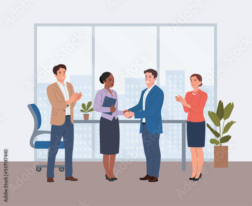 Young man and Black woman shake hands in the office. Male handshake of business partners. Man and woman clapping hands. Vector cartoon flat style illustration
