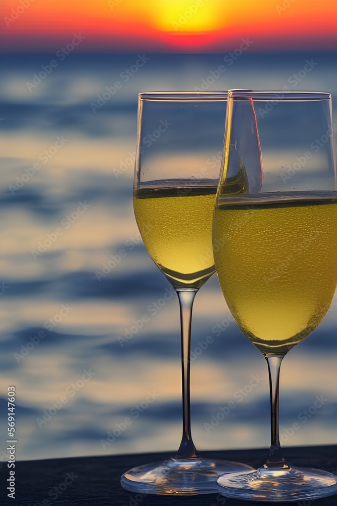 white wine with waves and sunset in the background - generative ai white wine with waves and sunset in the background - generative ai