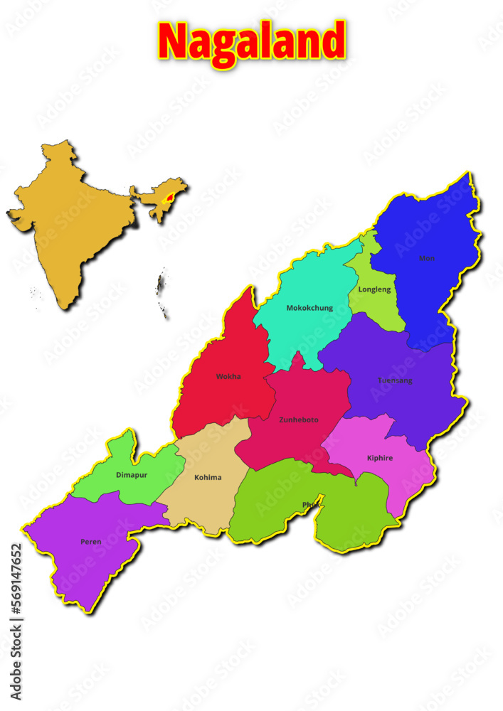Map of Nagaland State with names of regions. Vector illustration of geographical map of Nagaland State depicted on the map of India. 