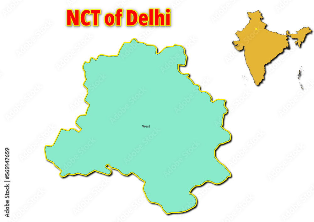 Map of NCT of Delhi Union Territor with names of regions. Vector illustration of geographical map of NCT of Delhi Union Territor depicted on the map of India. 
