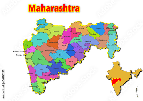 Map of Maharashtra State with names of regions. Vector illustration of geographical map of Maharashtra State depicted on the map of India. 