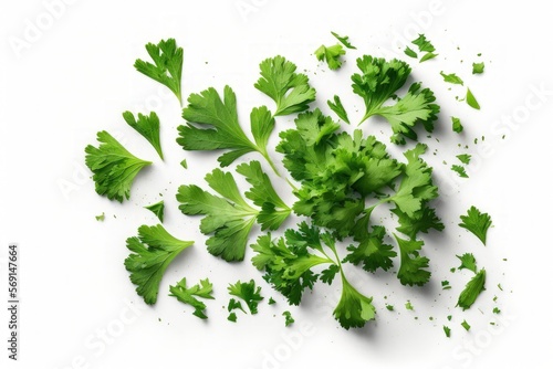 Top view of chopped fresh green parsley leaves isolated on a white background. On a white background, chopped parsley is isolated. Parsley leaves, chopped. New Herbs. Generative AI