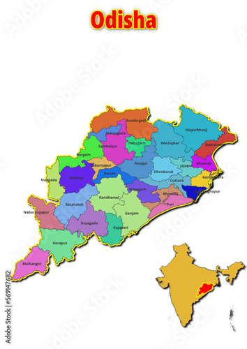 Map of Odisha State with names of regions. Vector illustration of geographical map of Odisha State depicted on the map of India. 