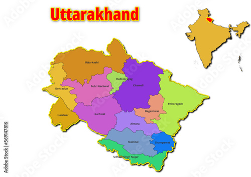 Map of Uttarakhand State  with names of regions. Vector illustration of geographical map of Uttarakhand State depicted on the map of India. 