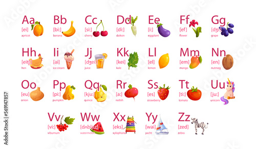 English alphabet abc letter set.  Vector Cartoon illustrations of Cute Fruit, Vegetable and Animal. Isolated vector icons illustration set.