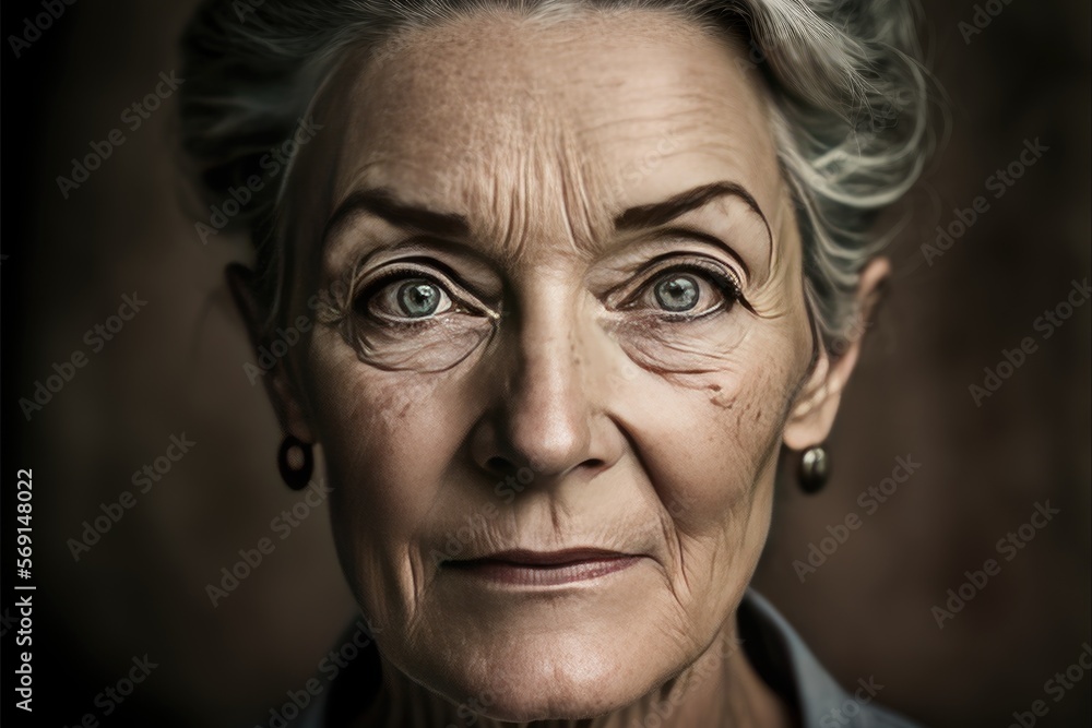 Beautiful senior woman portrait on dark background. Elderly person with amazing blue eyes. Generative AI