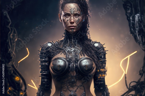 Amazing woman robot on dark background wearing a metal warrior armor. Generative AI