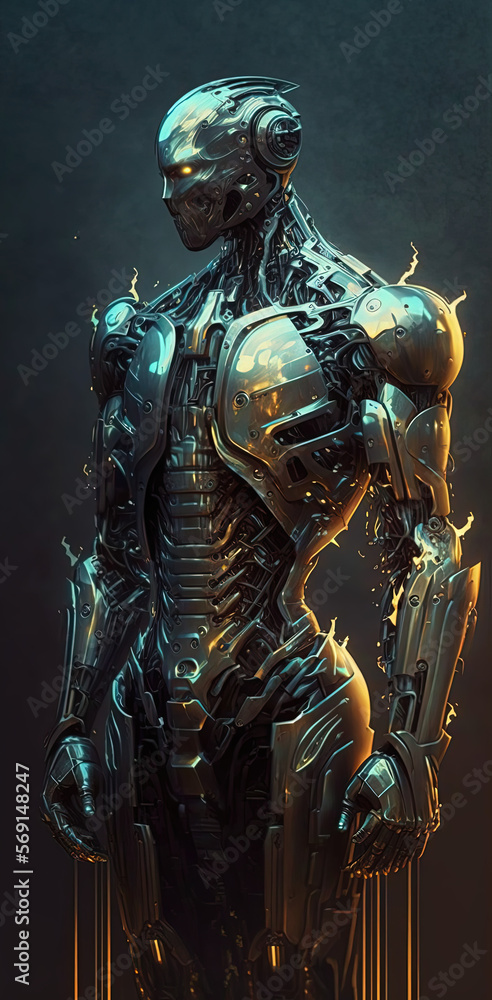 Artificial intelligence robot, human body, metallic, modern, futuristic. Generative AI.