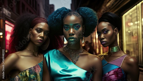 Three stylish young black women in the city. Afro hairstyles. Generative AI © Gelpi