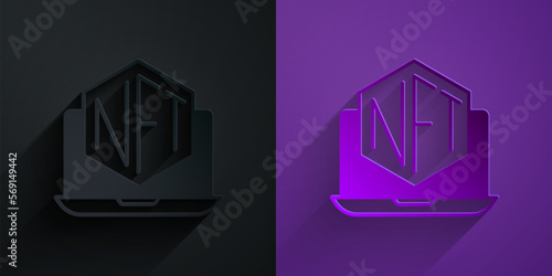 Paper cut Laptop with art store app icon isolated on black on purple background. Technology of selling NFT tokens for cryptocurrency. Non fungible token concept. Paper art style. Vector