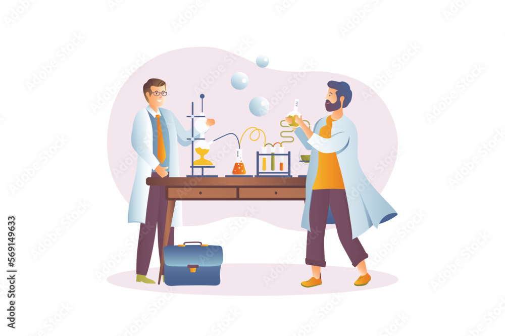 Science concept with people scene in the flat cartoon style. Two scientists conduct chemical experiments in the laboratory. Vector illustration.