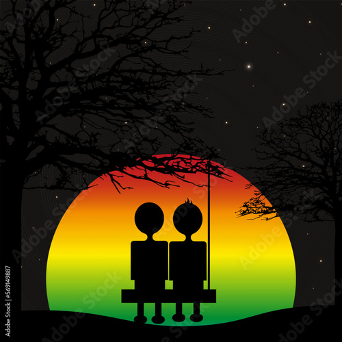 Romantic picture with silhouette of a lgbt couple in love on a hanging swing on a tree against the background of the night starry sky with a large rainbow moon. Concept for Valentine's day.