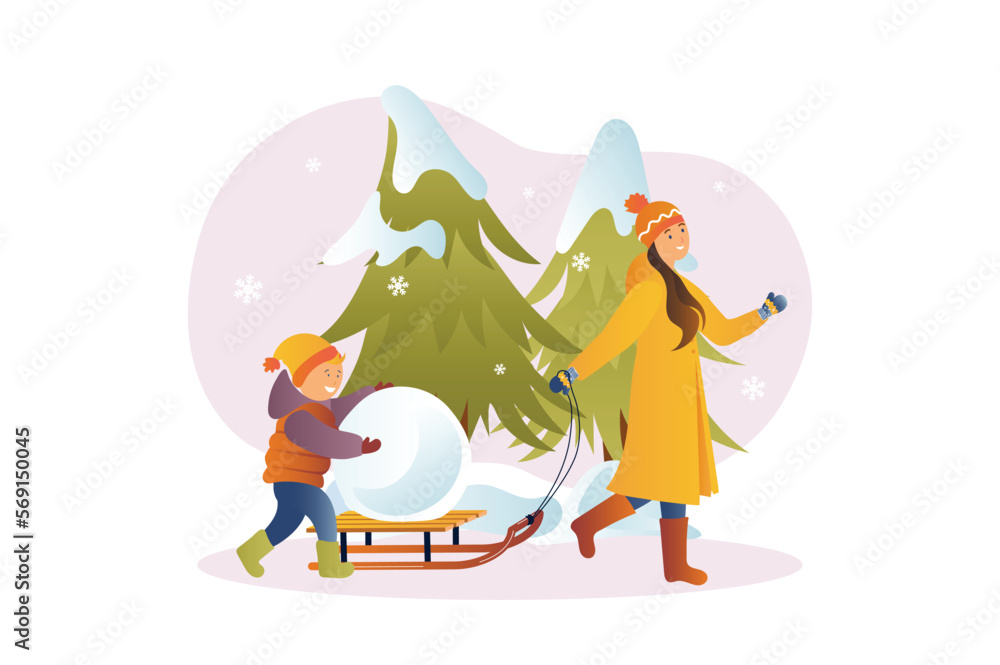 Concept Winter with people scene in the flat cartoon style. Mother and son playing snowballs and having fun during a winter walk. Vector illustration. Concept Winter with people scene in the flat cartoon style. Mother and son playing snowballs and having fun during a winter walk. Vector illustration.