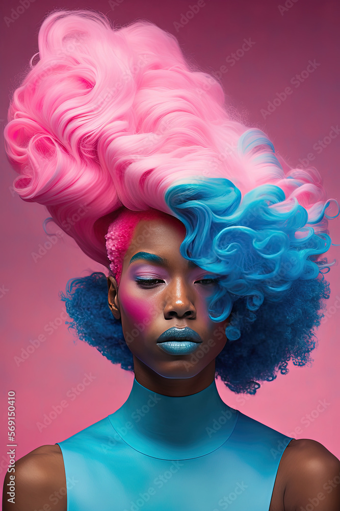 glamorous black model with colorful hair and wearing fashion clothes. Generative AI
