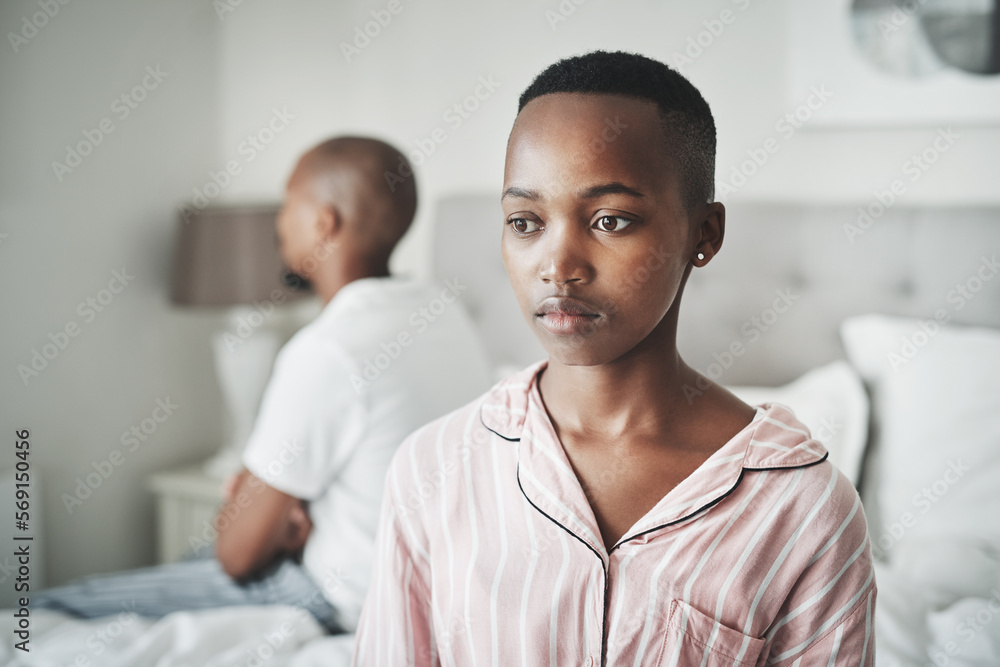 Stress, depression and insomnia, black couple on bed in home angry after argument or fight. Mental health, relationship and divorce problem, woman and man frustrated and depressed in bedroom thinking Stress, depression and insomnia, black couple on bed in home angry after argument or fight. Mental health, relationship and divorce problem, woman and man frustrated and depressed in bedroom thinking