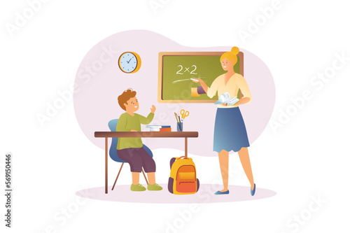 Concept Study with people scene in the flat cartoon style. Teacher conducts a math lesson for a student and explains various exercises. Vector illustration.
