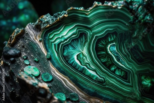 The mica group of sheet silicate minerals contains malachite. View of a natural beautiful stone texture pattern. Generative AI © 2rogan