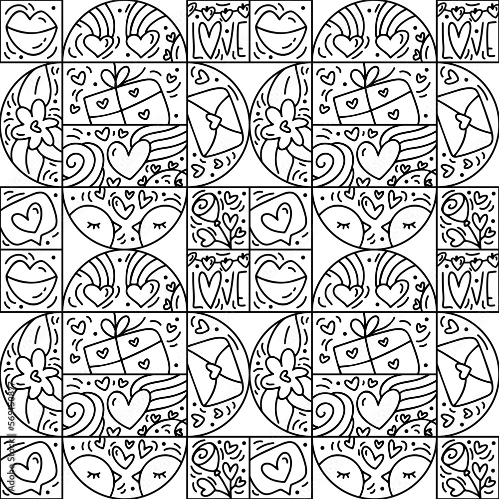 Valentines logo vector seamless pattern line love, bird, lips, heart and gift box. Hand drawn monoline constructor for romantic greeting card Valentines logo vector seamless pattern line love, bird, lips, heart and gift box. Hand drawn monoline constructor for romantic greeting card