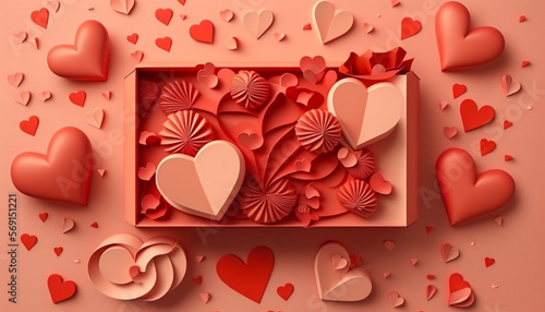 A greeting composition in the flat lay style, showcasing a gift box and multiple red hearts against a Valentine's Day background.