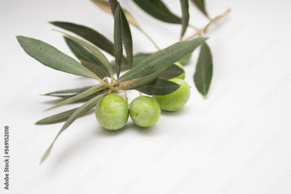 Green olives on with leaves on white background