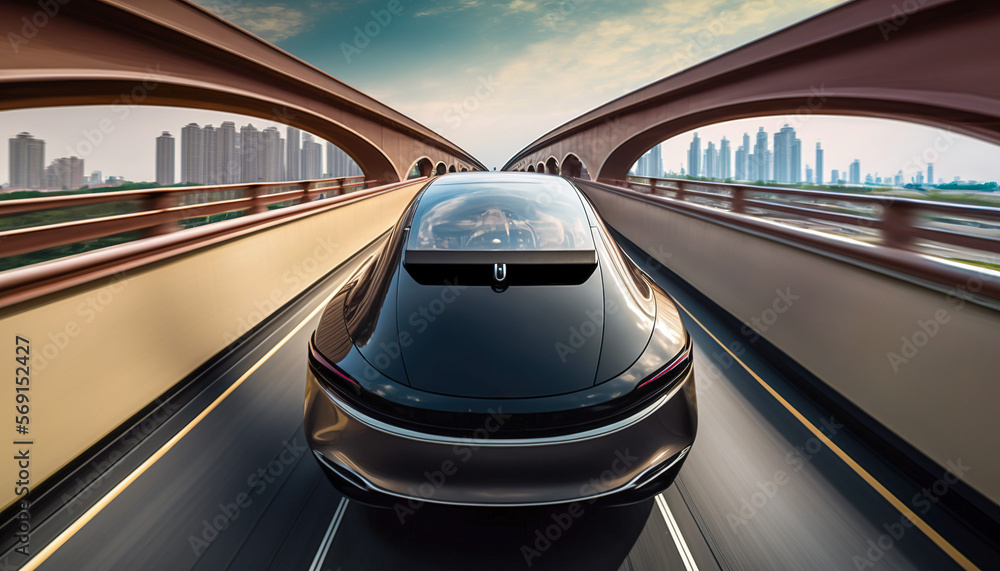 A glossy black futuristic sedan car speeds across a bridge, Generative AI
