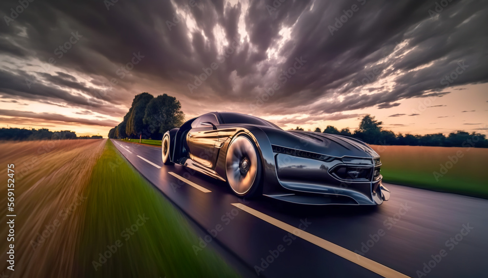 Sleek futuristic sedan driving down a country side road, Generative AI
