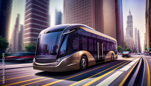 The future of transportation: sleek autonomous bus glides down the city street, Generative AI