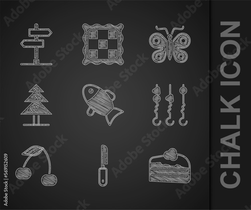 Set Fish, Knife, Piece of cake, Grilled shish kebab on skewer, Cherry, Tree, Butterfly and Road traffic sign icon. Vector